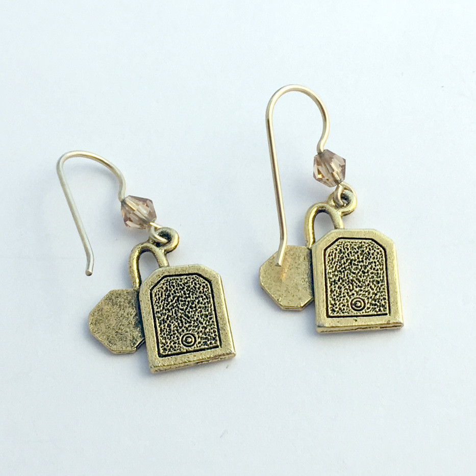 Gold tone Pewter & 14k gf tea bag dangle Earrings- tea lover- teabag, tea bags