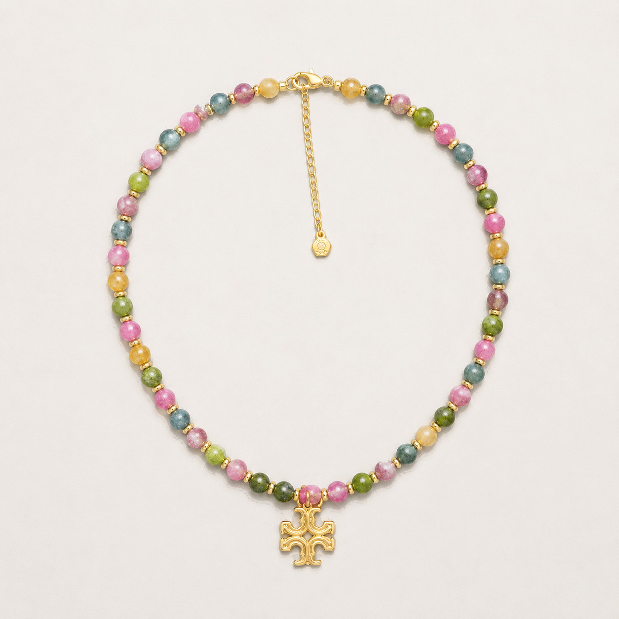 Tory Burch Beaded Necklace Multi Color Tourmaline Beads Icon Charm NEW