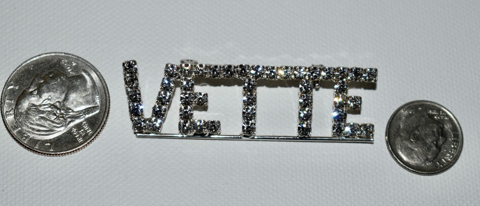 Sparkly Rhinestone VETTE Pin Brooch Silvertone 2.25″L CORVETTE + Letter Sliders