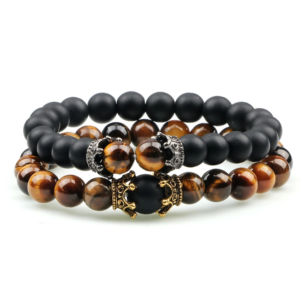 Handmade Adjustable Braided Bracelet Black Lava Stone Crown Tiger Eye Beads