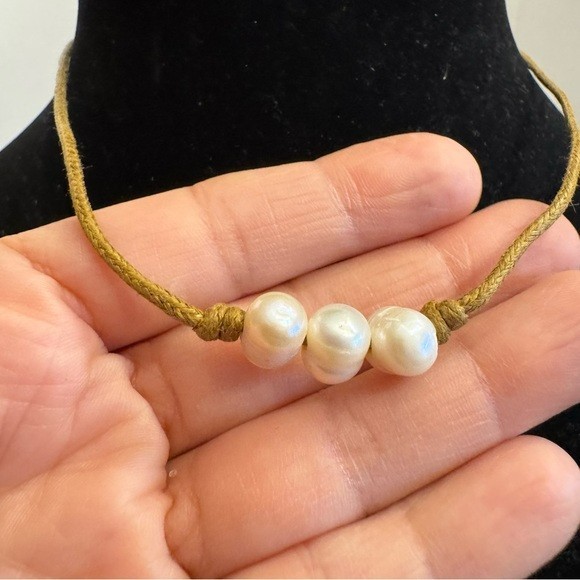 Natural Genuine Freshwater Pearls & Brown Leather Cord Necklace 18”