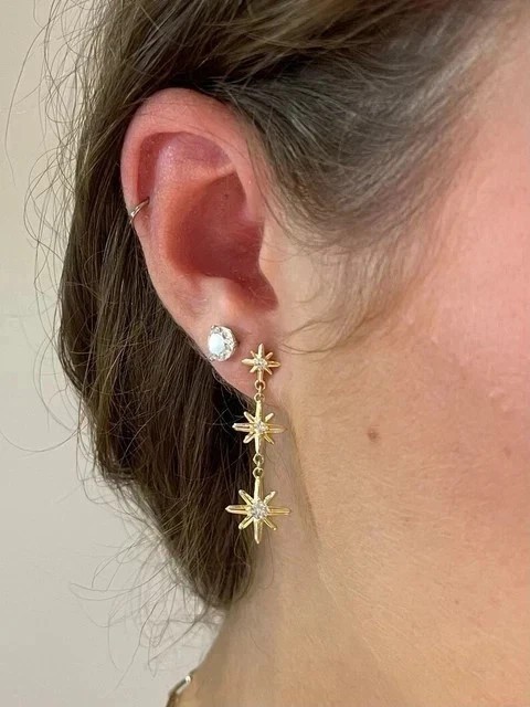 Round Cut Simulated Diamond Star Drop Dangle Earrings 14K Yellow Gold Plated