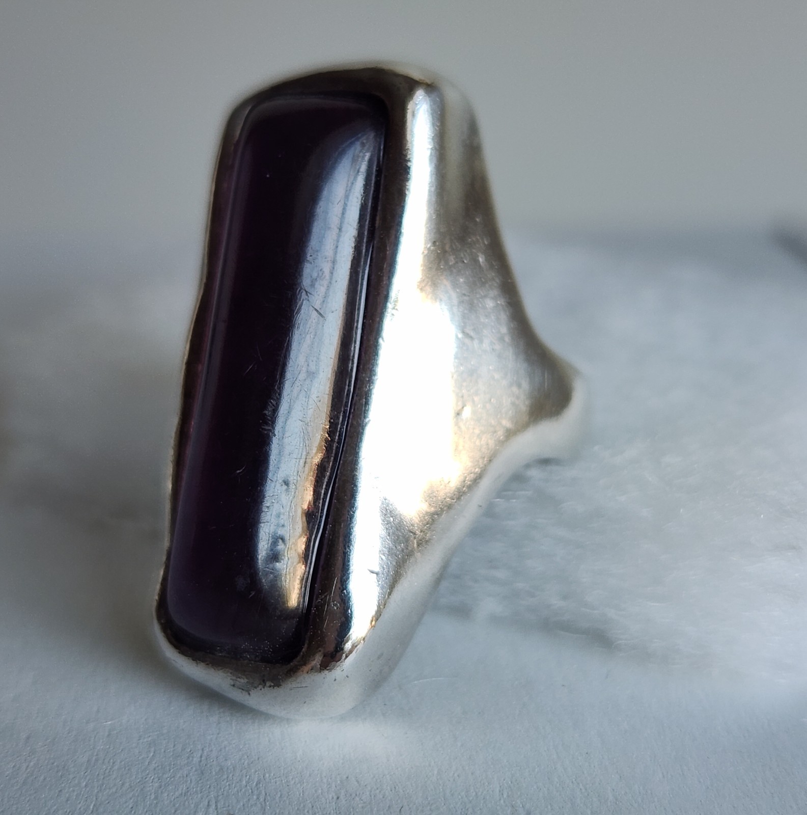 Bold Sterling Silver Statement Ring w/ Purple Cabochon Size 6.5 12.7g Marked GA