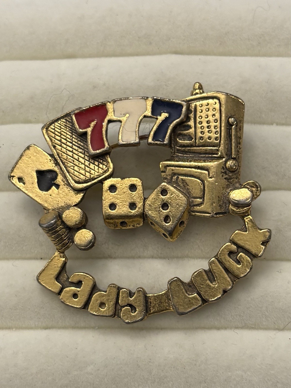 Lady Luck Pin Brooch Gold Tone Casino Dice Slots Cards Fashion Jewelry Unisex