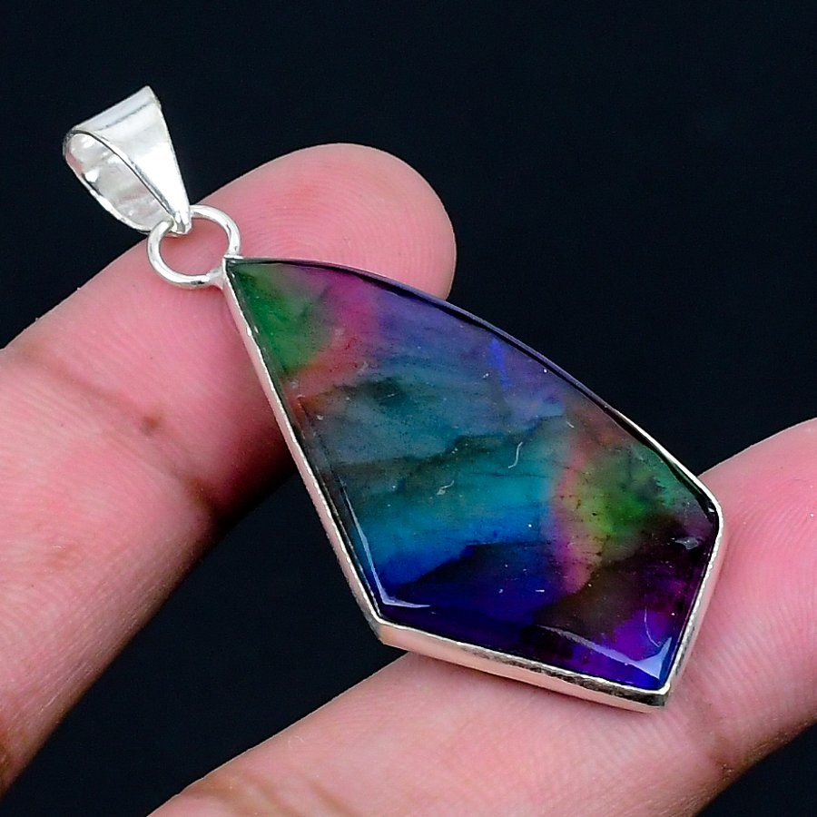 Multi Fire Labradorite 925 Silver Plated Handmade Pendant of 1.97″