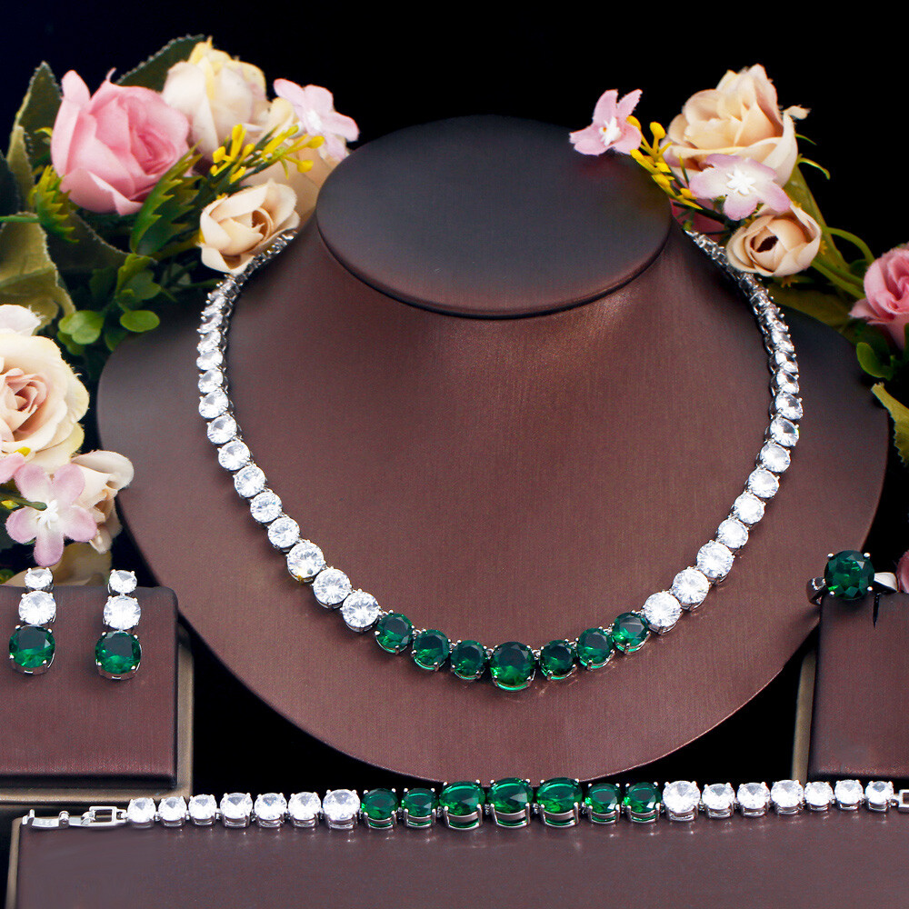 Silver Plated CZ Yellow Big Round Wedding Jewelry Necklace Earrings Bracelet Set