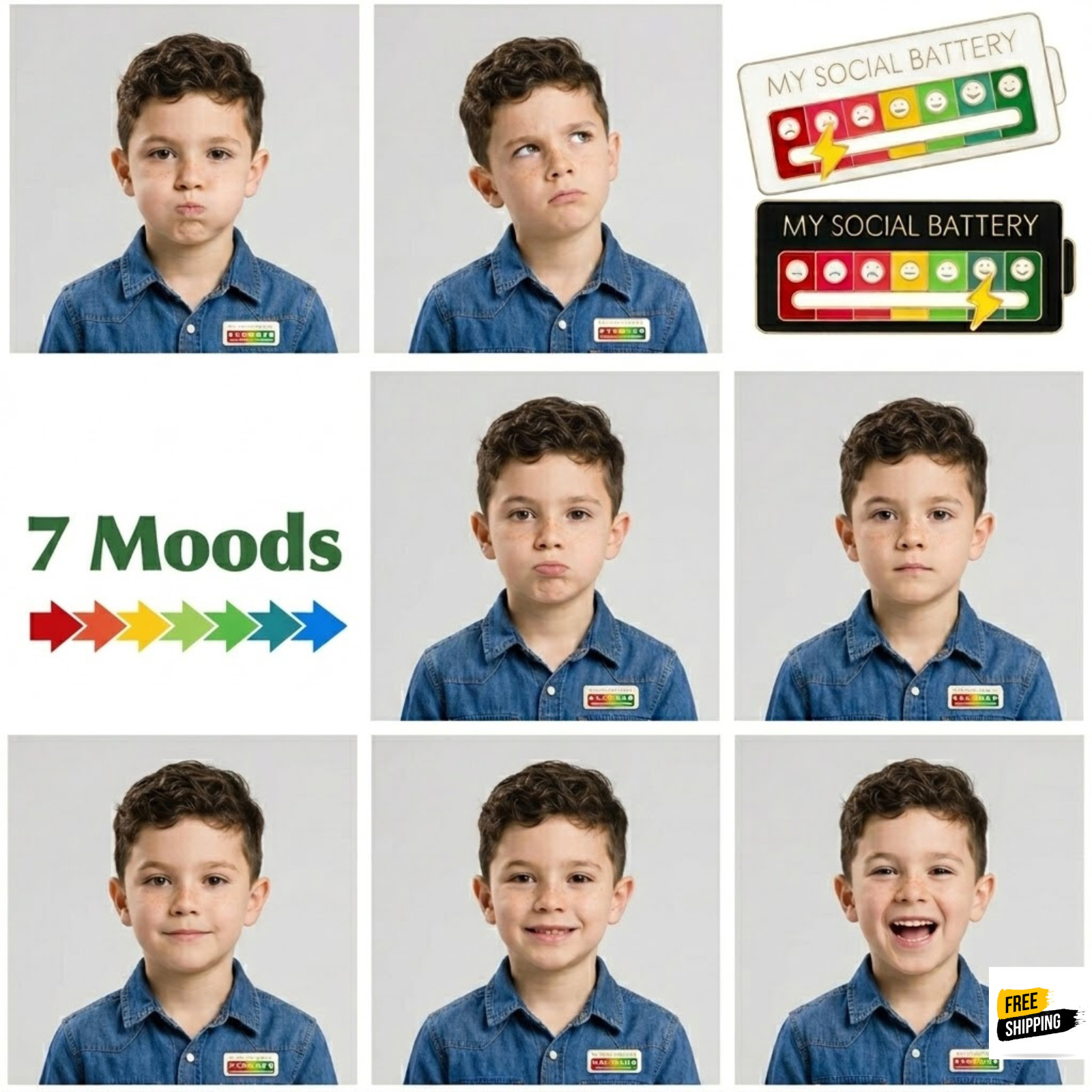 Funny Social Battery Slider Pin – 7-Mood Expression Badge, Cute Interactive Pin