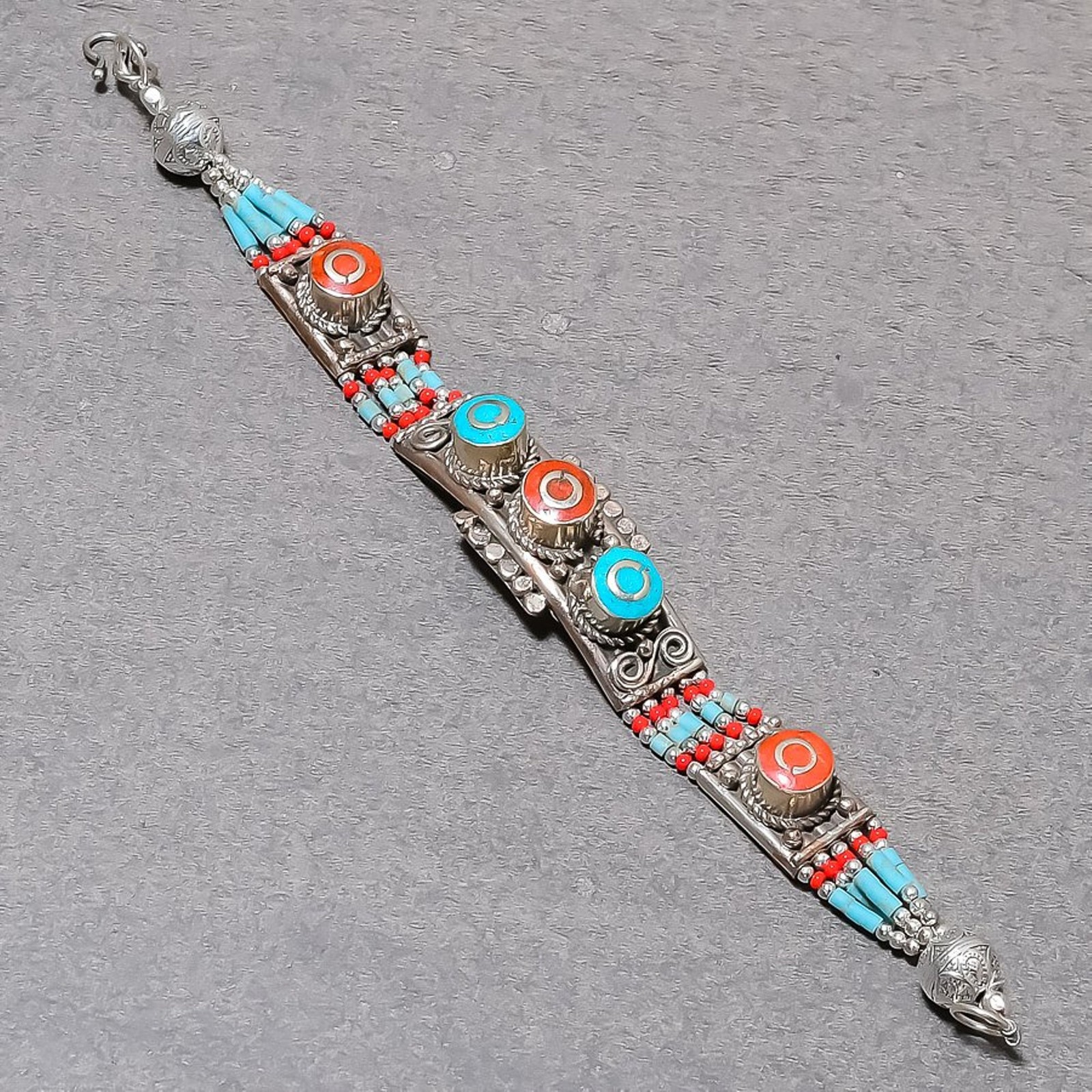 Red Coral Turquoise Gemstone Bracelet Tibetan Unique Nepali Jewelry 7″ NBB 3406