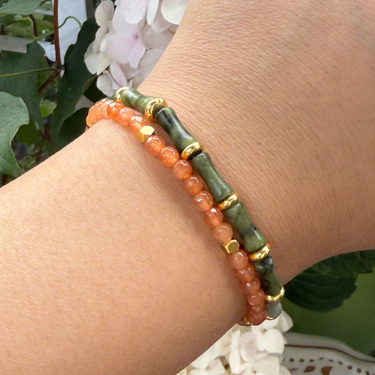 Green Jade Bamboo Shaped Beads Healing Gemstone Bracelet Green Gemstone Bracelet