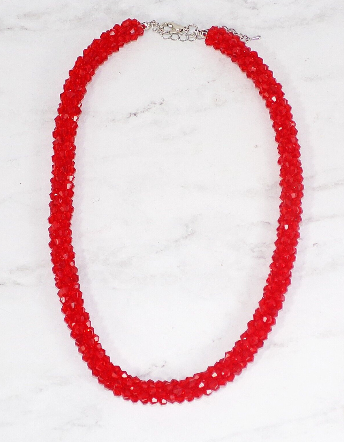Red glass beaded necklace in a sparkling thick cluster beaded rope design New