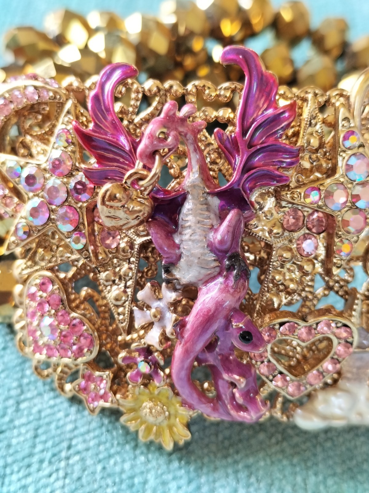 Kirks Folly Bracelet, Dragon & Castle Gold Stretchy Bead Bracelet Fairytale