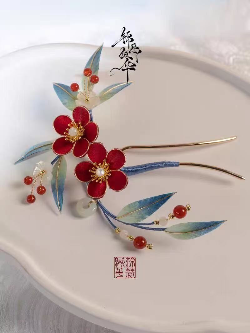 Intangible Cultural Heritage Handmade Silk Velvet Cloisonne Plum Blossom Hairpin