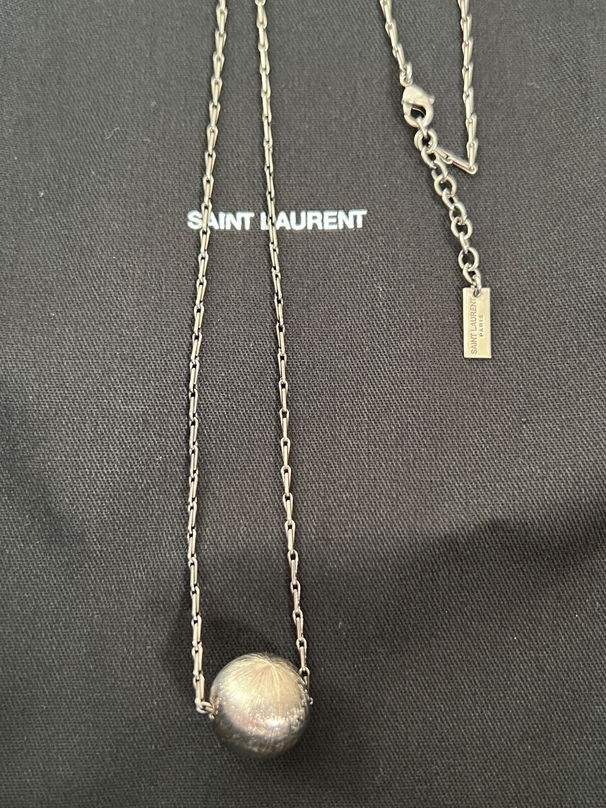 NIB Saint Laurent YSL Spherical Ball Pendant Silver Brass Chain Necklace $695