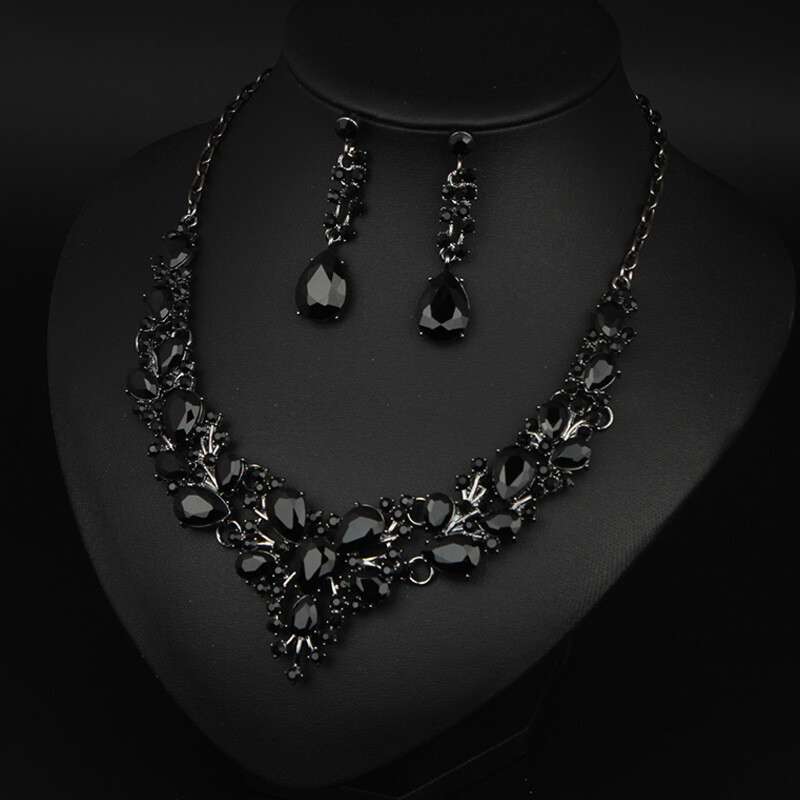 Crystal Gem Necklace Earrings Bridal Jewelry Set Statement Christmas Party Gift