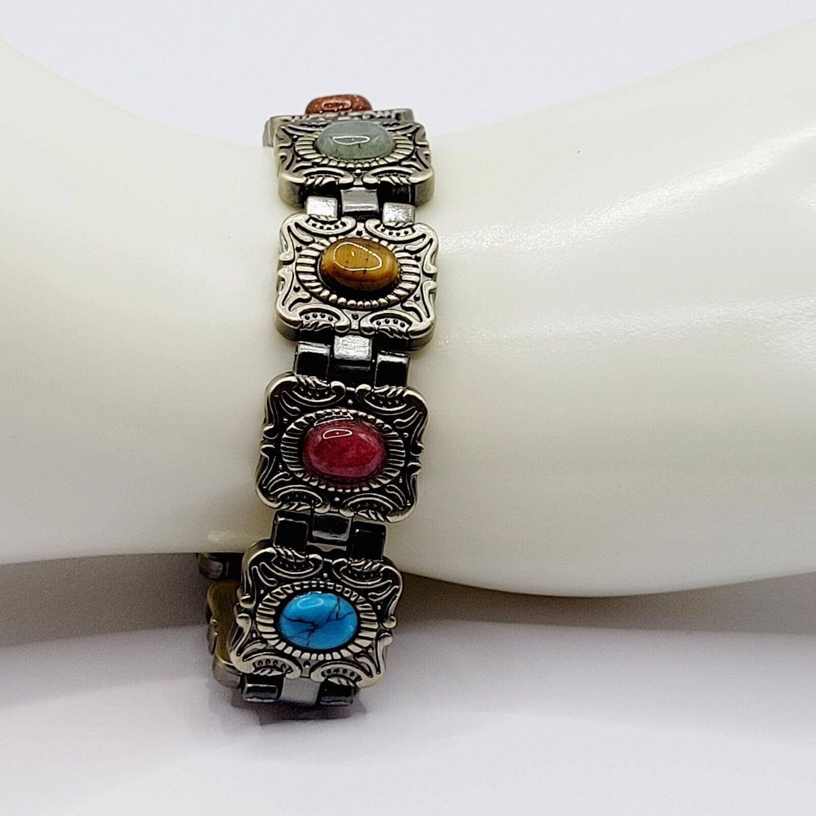 Ornate Western Style Multi Color Faux Gemstone Muted Gold Silver Tone Bracelet