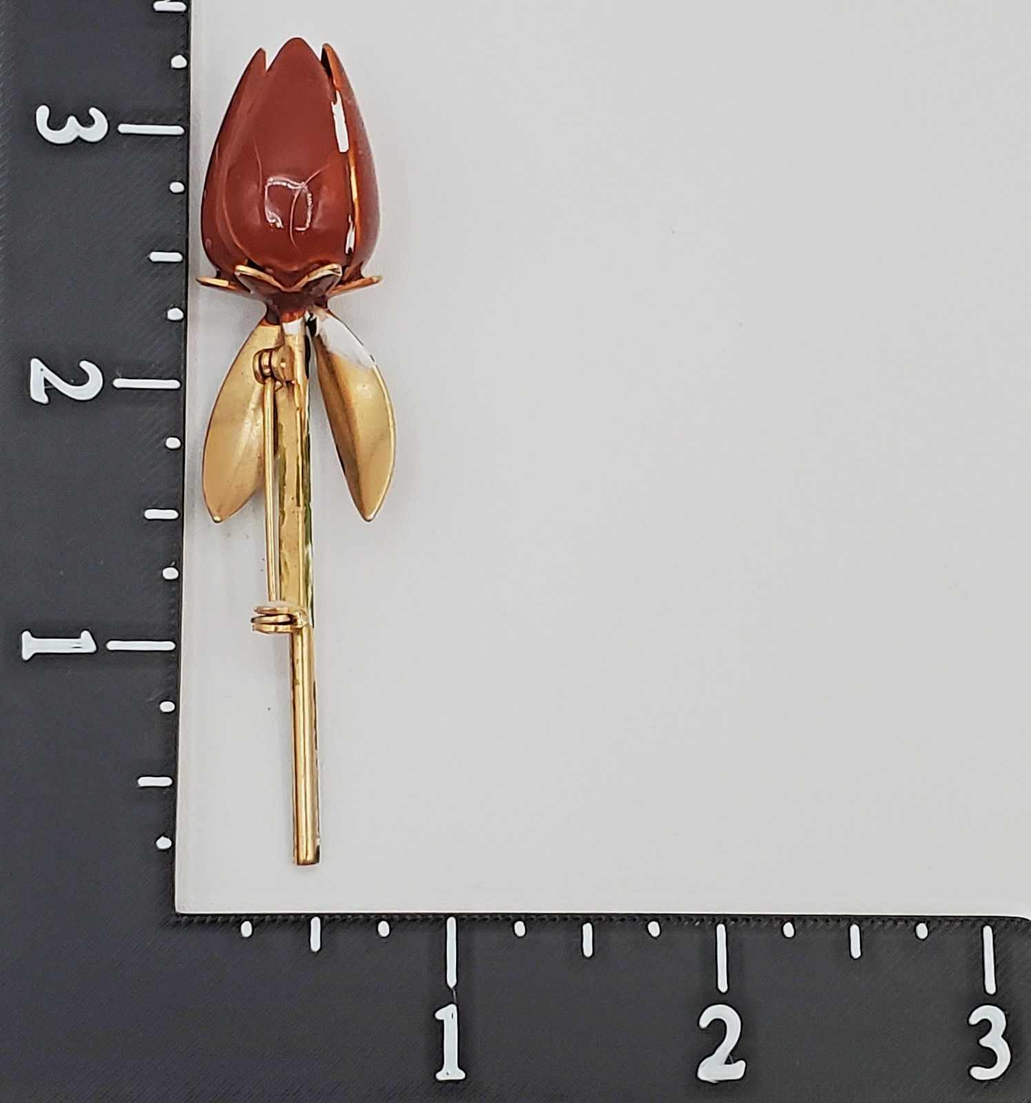 VTG Tulip Brooch 3in Brown Green Enamel Flower Stem Estate Parts Restore FLAW