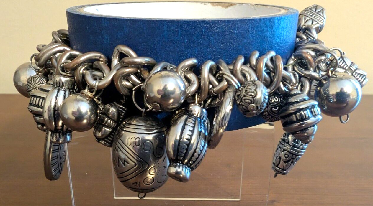 Silver-Tone Linked Chunky Stretch Bangle Bracelet Lots of Charms UN-branded