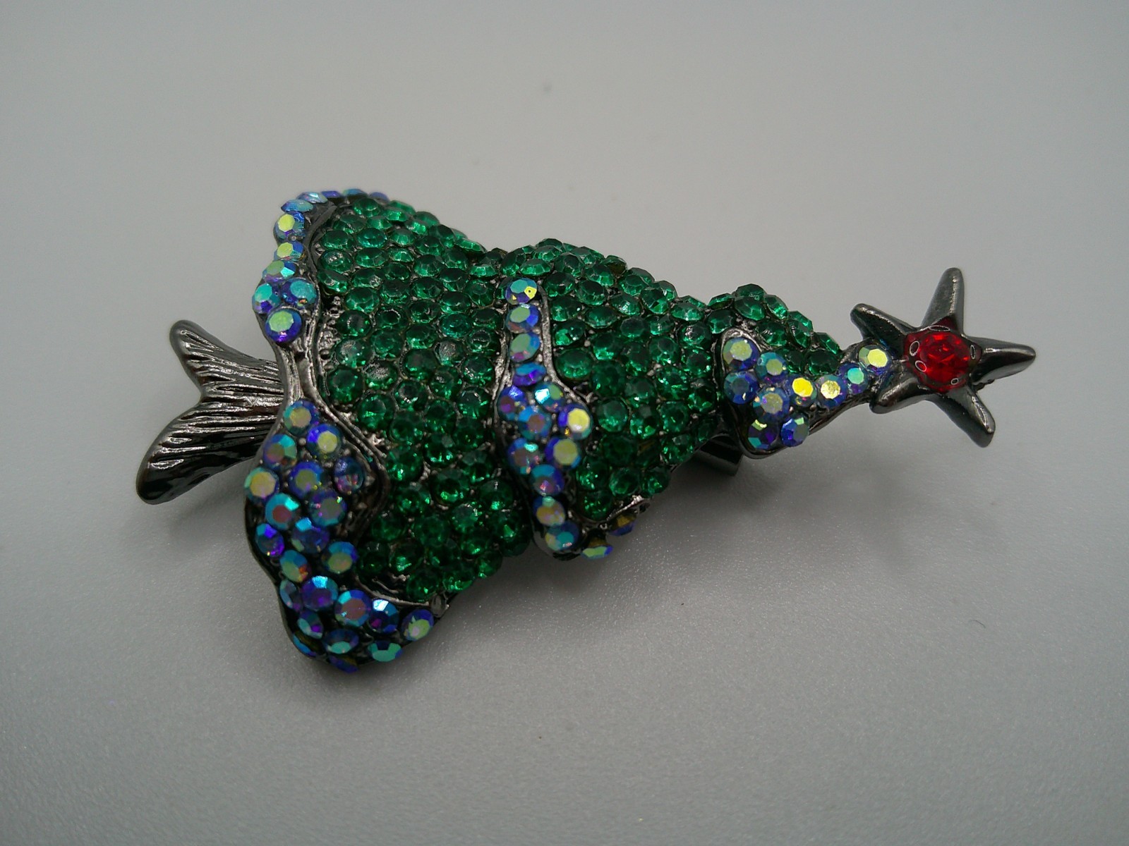 Green Blue Rhinestone Christmas Tree Brooch Holiday Pin ~ 1.75″ (SN18)