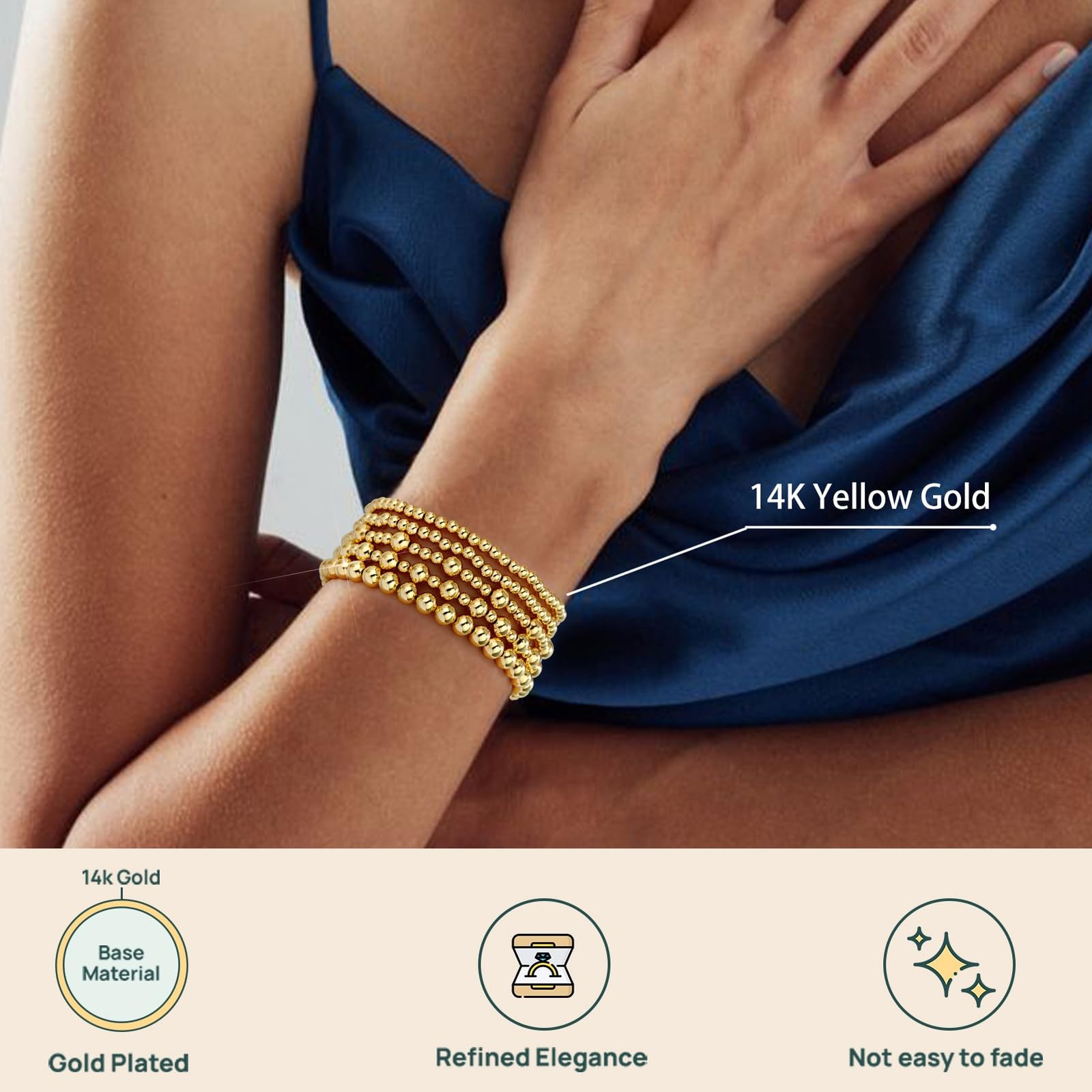 14K Gold Plated Beaded Stretch Bracelets Set for Women – Adjustable Jewelry