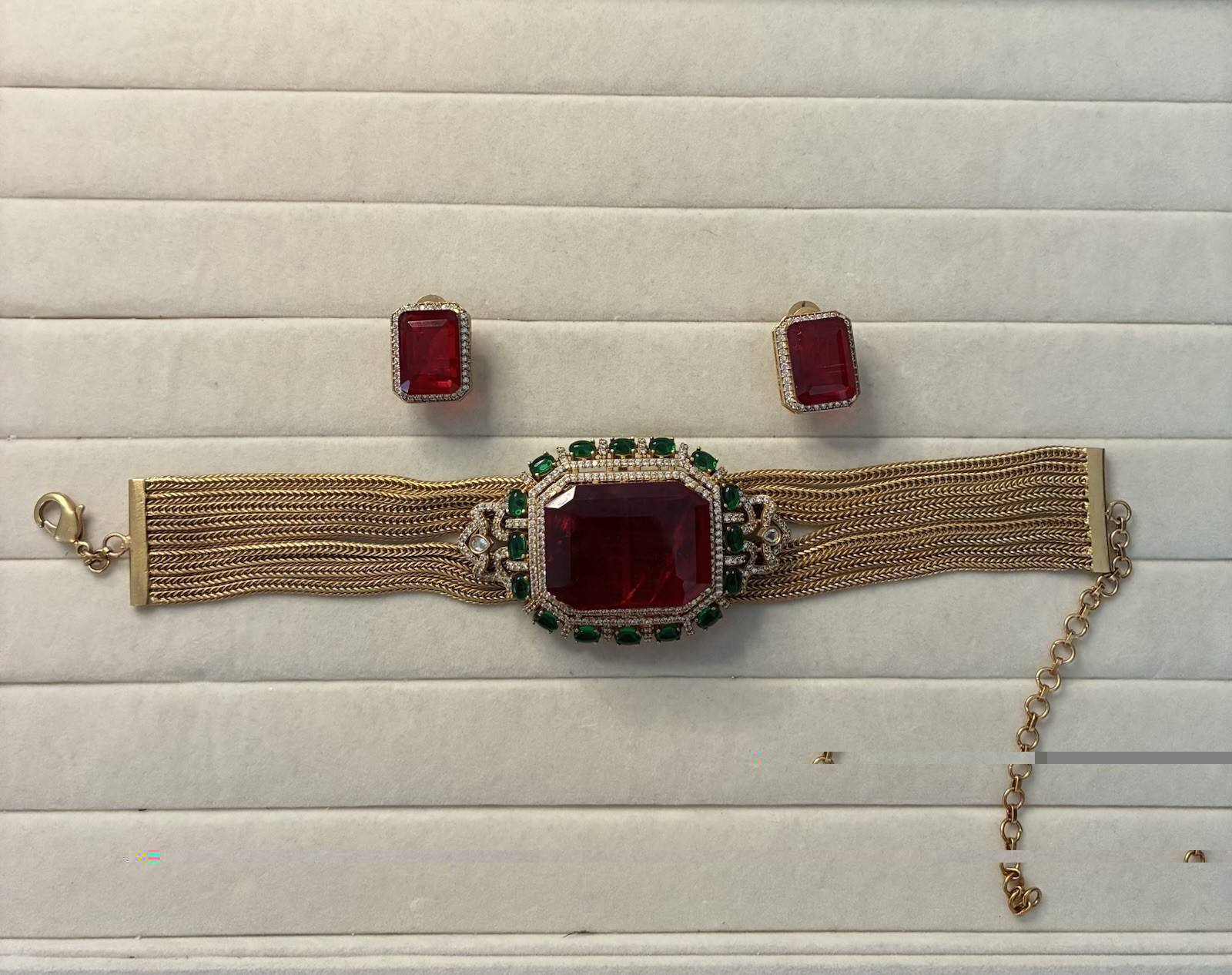 Gold Tone Choker & Earrings Set Red Octagon Stone with Green Accents