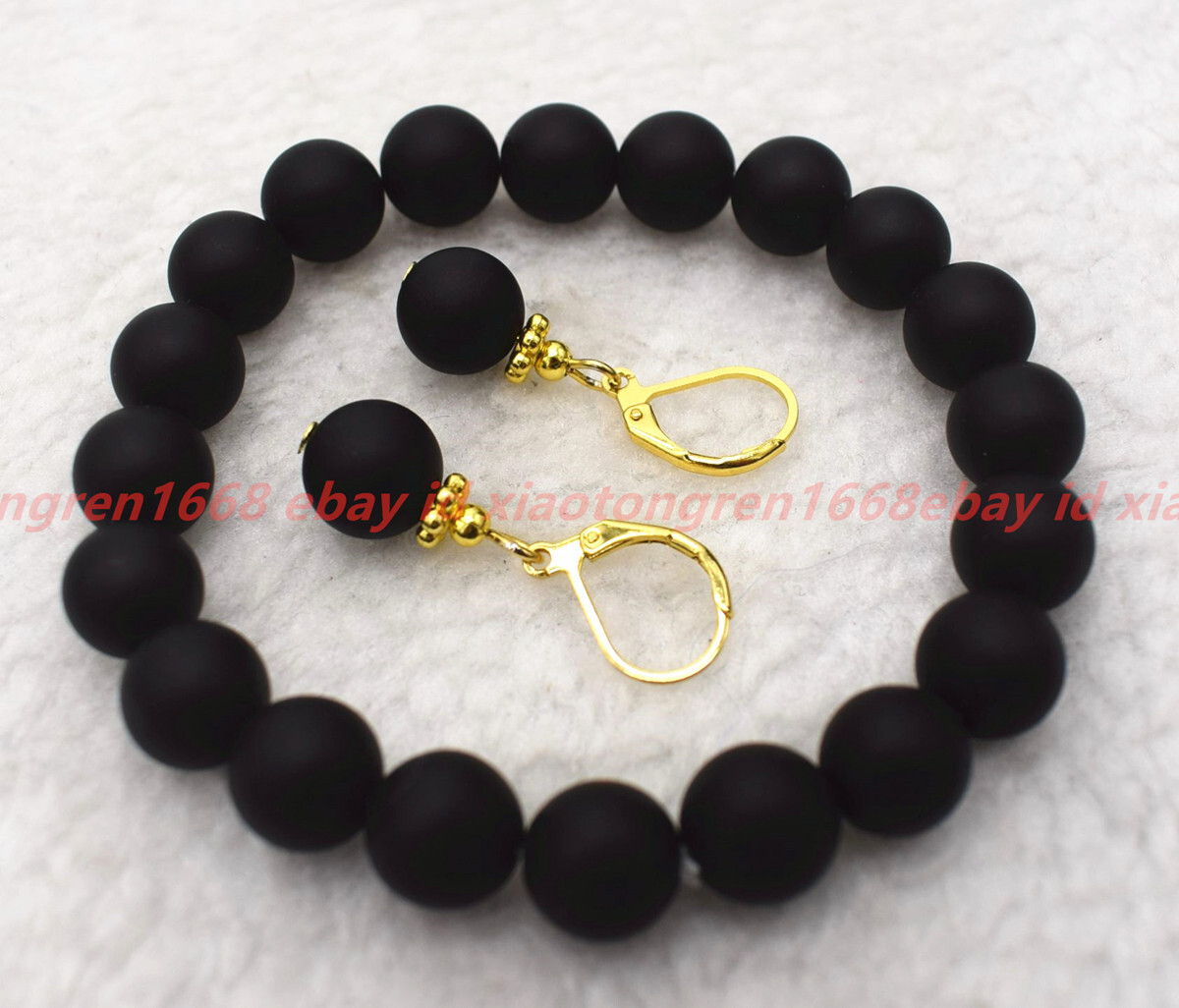 Handmade Natural 6/8/10mm Black Matte Agate Gems Round Bead Bracelet Earring Set