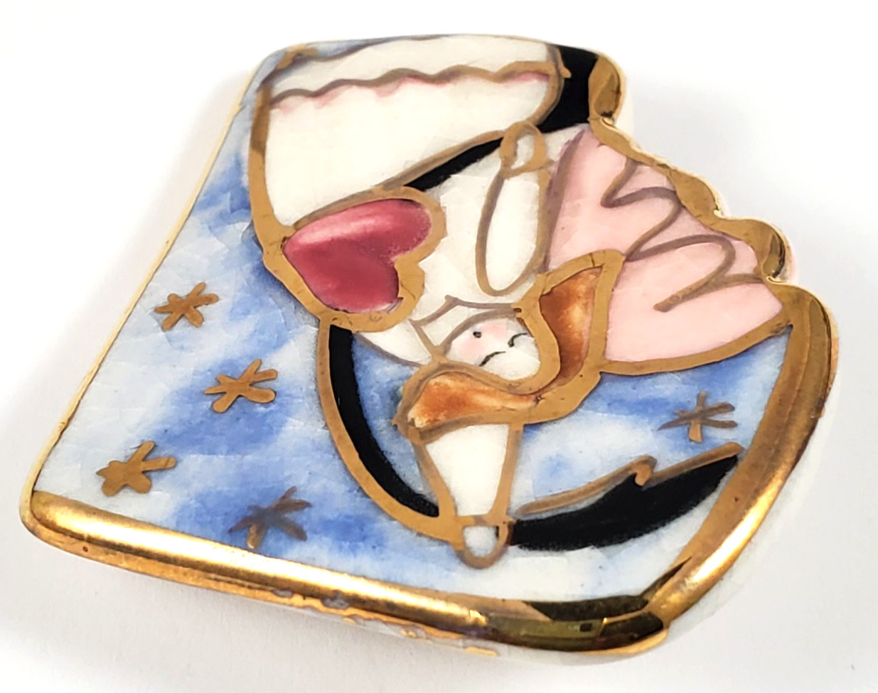 Vintage Angel Multicolor Ceramic Enamel Brooch-Celestial Heart & Stars Pin