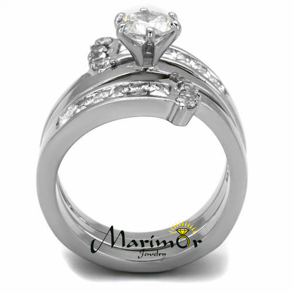 Women’s Round Cut Silver Stainless Steel AAA CZ Wedding Ring Band Set Size 5-10