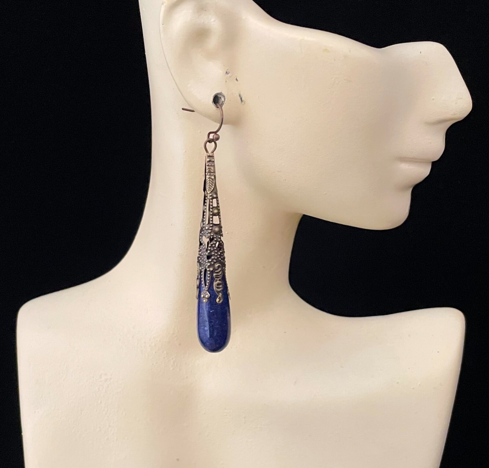 Lapis Lazuli Earrings Long Filigree Drops Art Nouveau Jewelry