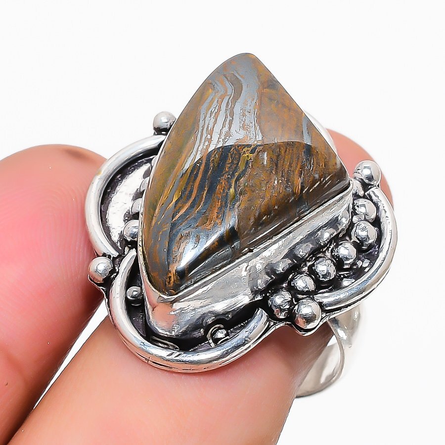 Natural Tiger Eye Gemstone 925 Sterling Silver Ring Size Adjustable O006