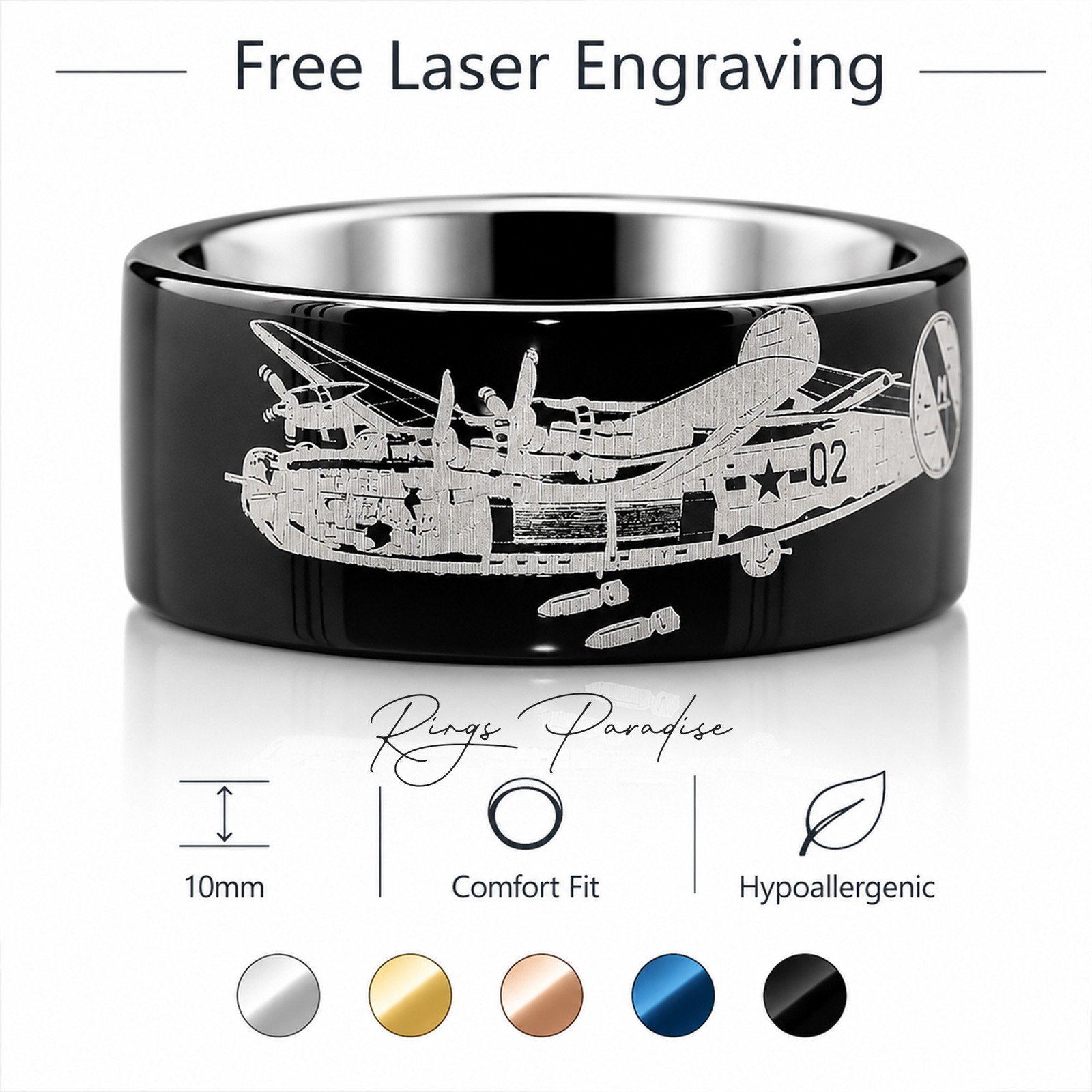 B-24 Airplane Tungsten Wedding Band with WWII Aviation Engraving – 8mm 10mm 12mm