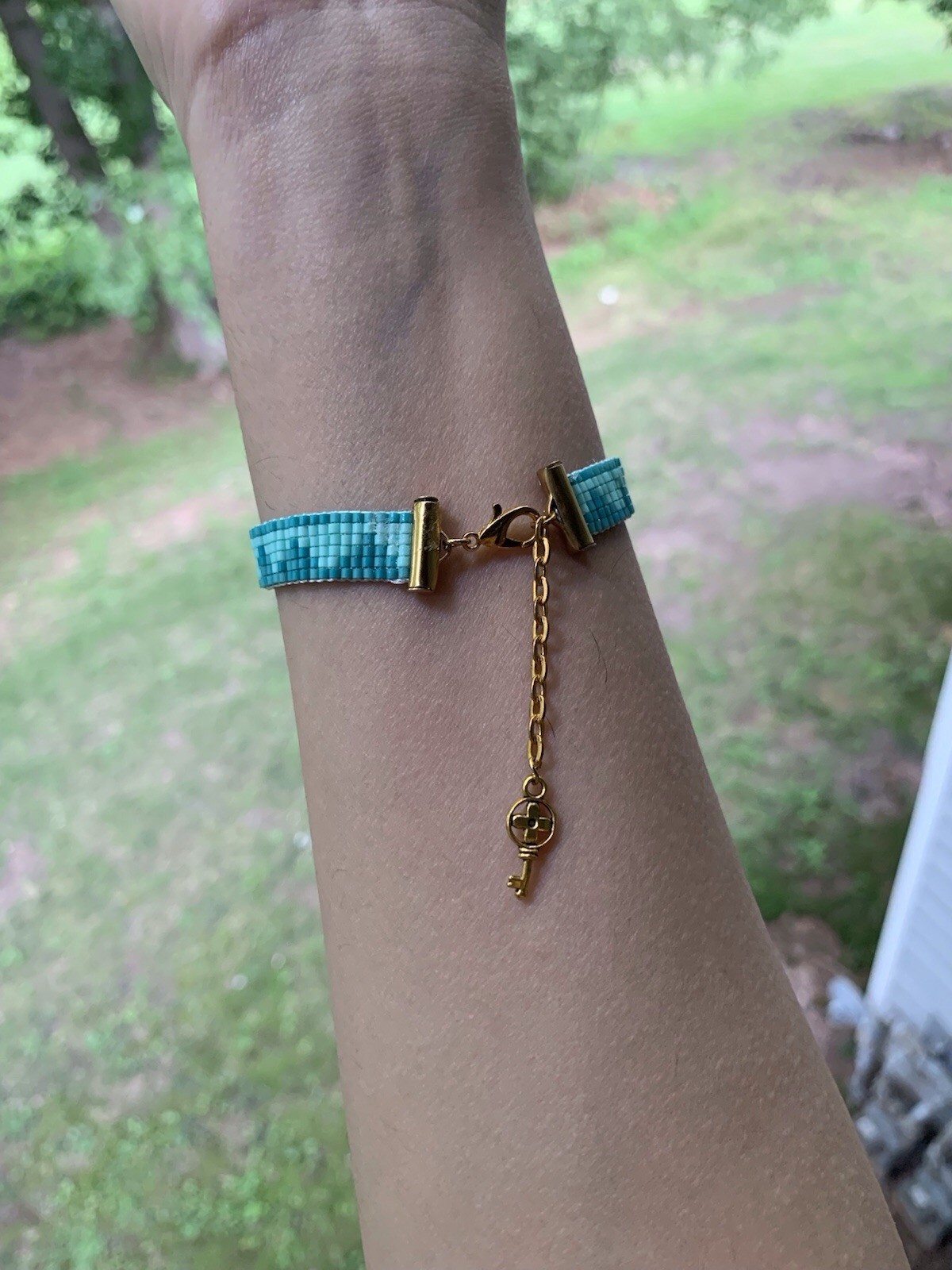 Blue & Gold Beaded Bracelet | Toggle Clasp | Dangle Charm | Adjustable
