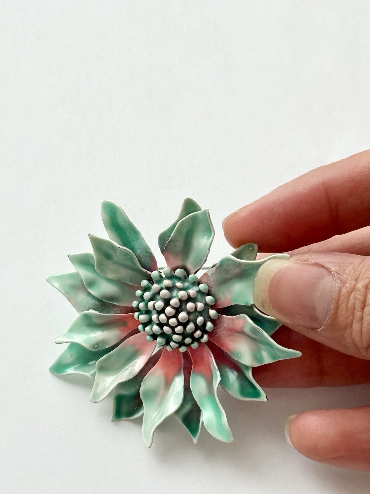 Vintage Enamel Metallic Petals Flower Brooch Pin in Green White Pink