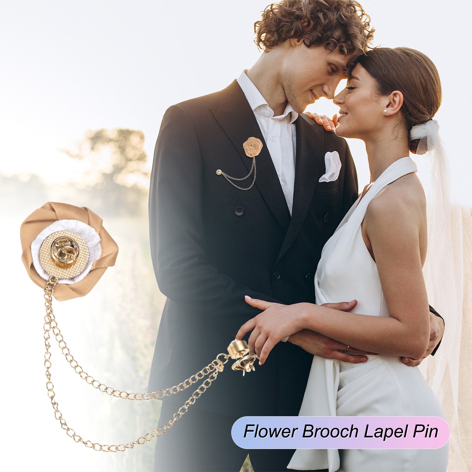 Rose Gold Brooch Pin for Men Suit with Flower Tassel Chain [Champagne]