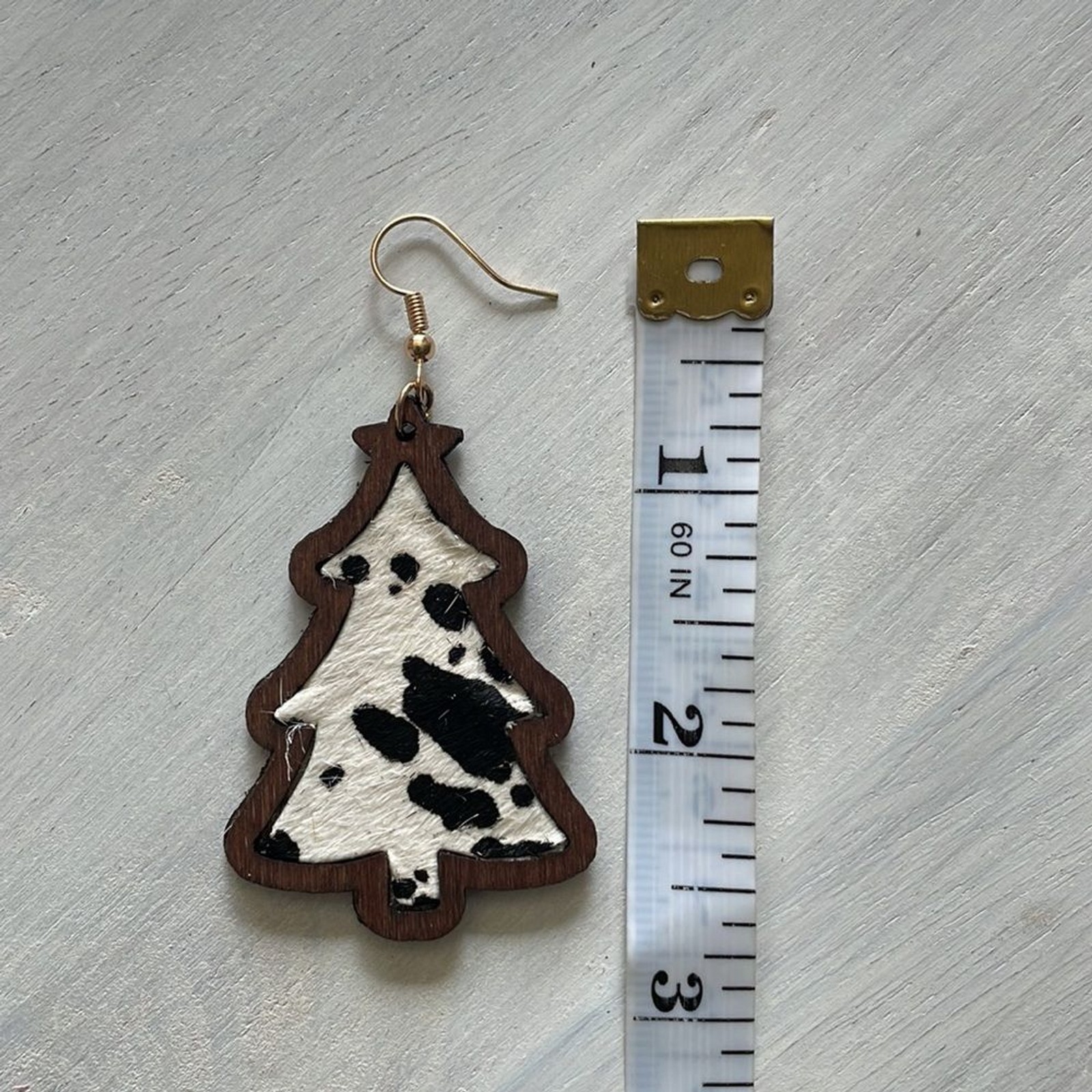 Sold- Cow print Wood Christmas Tree Earrings