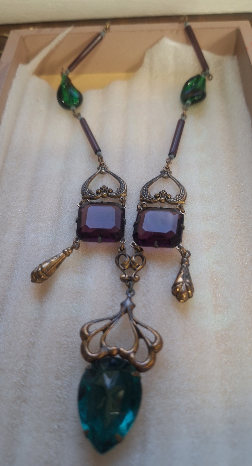 Sadie Green signed art nouveau statement necklace green & purple glass
