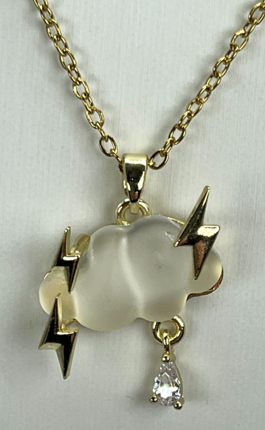 Necklace Iridescent White Cloud w/Gold Tone Lightning Bolts & Zirconia Rain Drop