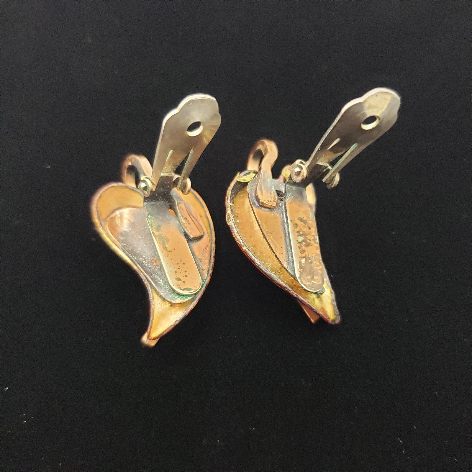 Earrings Clip On Signed Matisse Renoir Copper Enamel Leaf Mid Century Modern