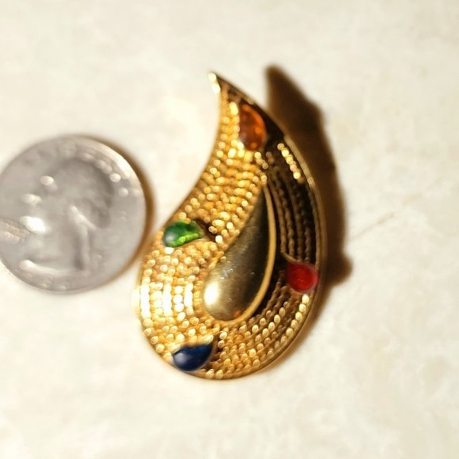 Vintage Avon Gold Paisley colorful gemstone brooch