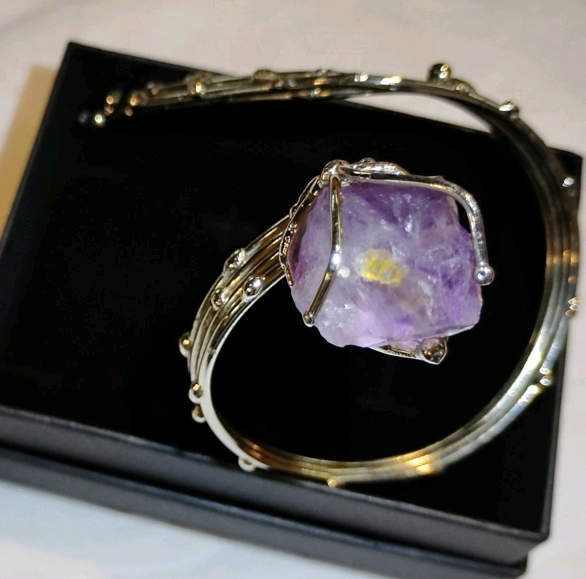 Raw Amethyst Point Silver Tone Brutalist Sculptural Wrap Bracelet