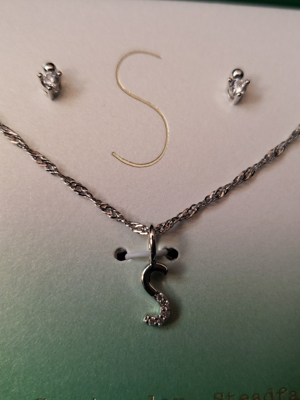 A New Day Cubic Zirconia Silver Plated Letter S Necklace with Earrings Set NIB