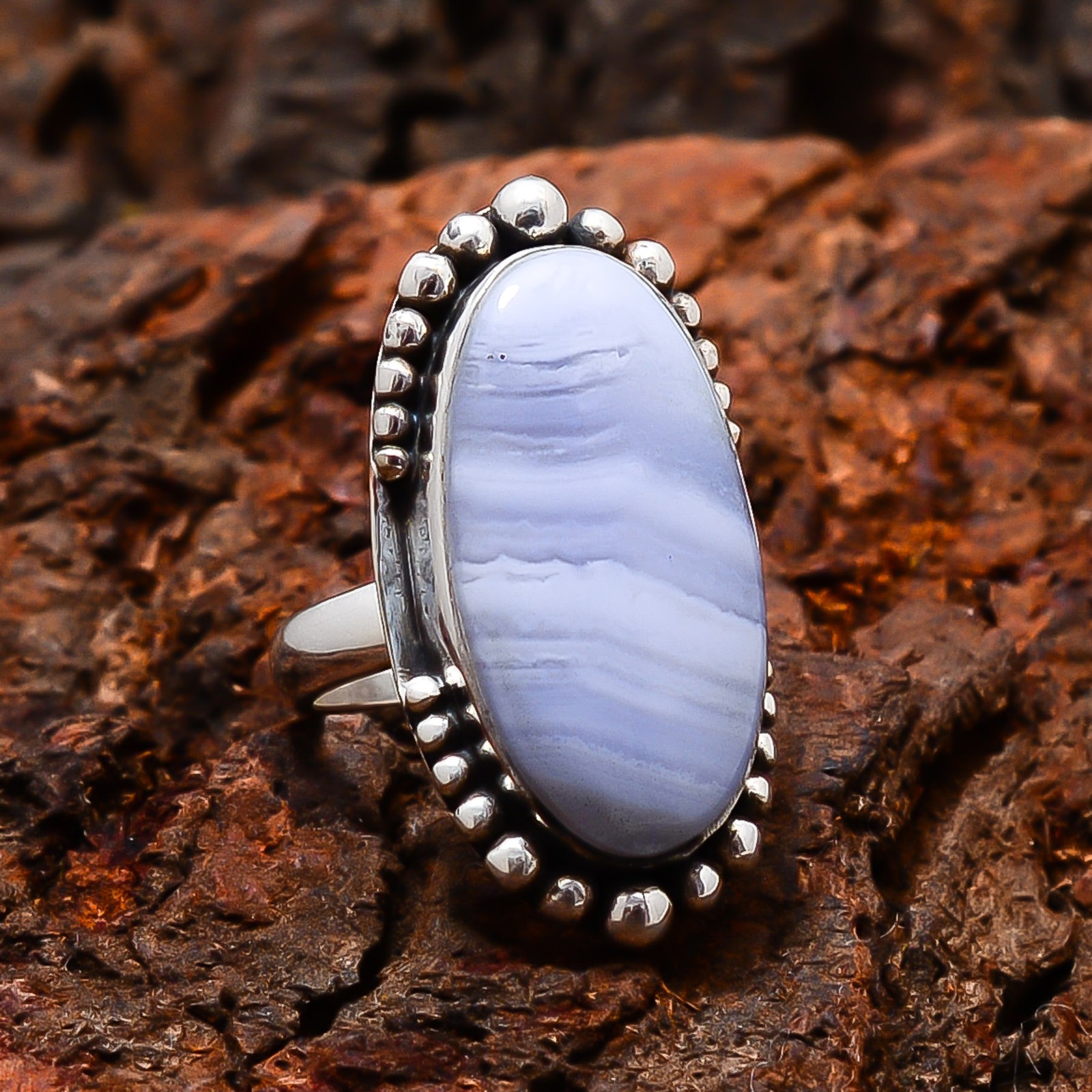 Blue Lace Agate – Namibia Gemstone 925 Sterling Silver Ring S.7 R124826