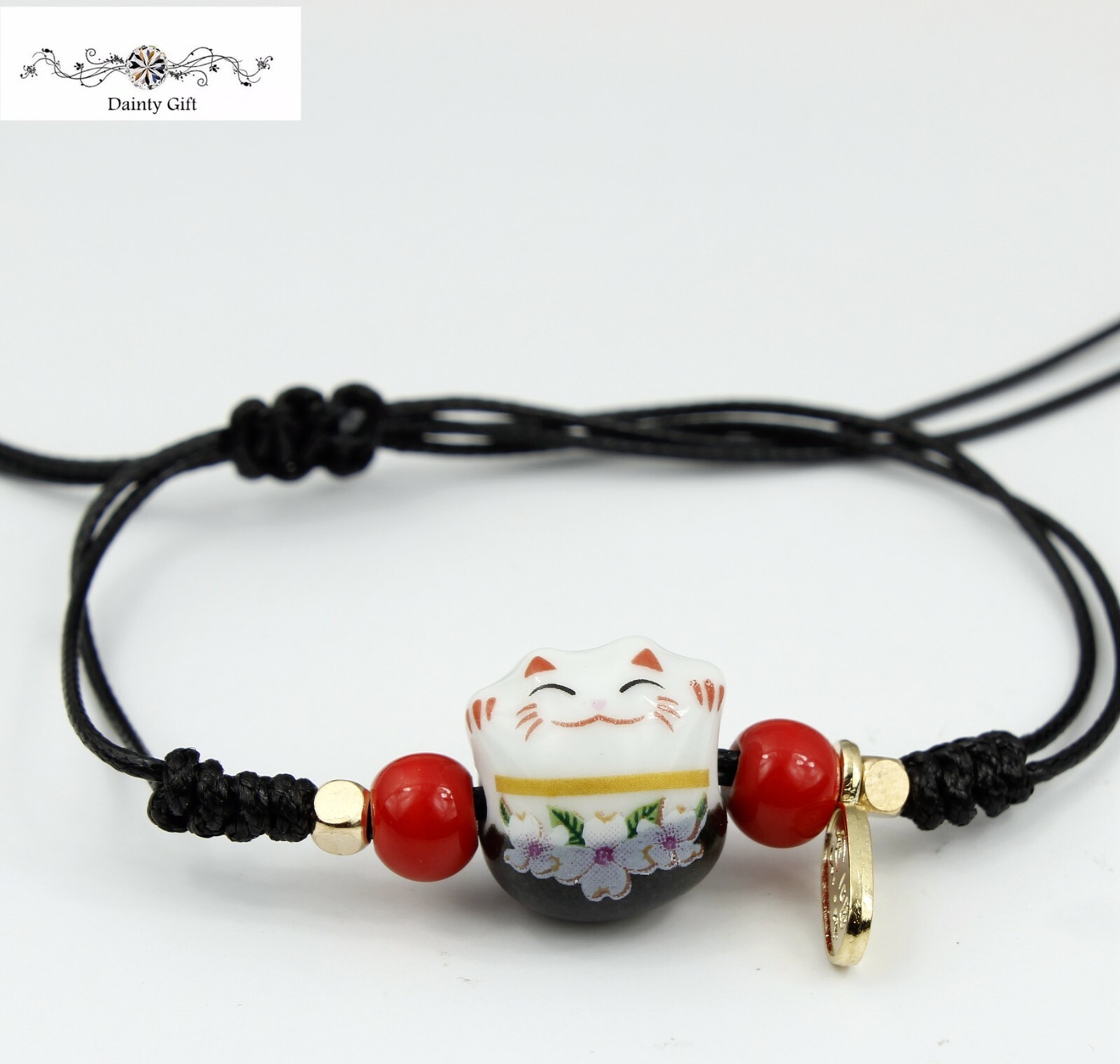 Girl Women Luck Ceramic Fat Flower Cat / Kitty Animal Adjust Rope Bracelet 4-11″