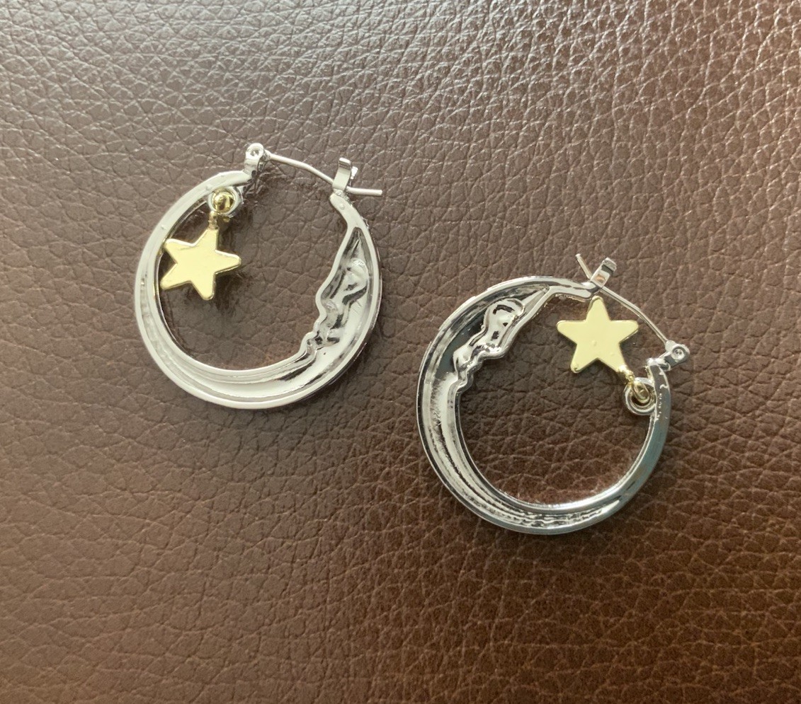 Anthropologie Hoop Crescent Moon Star Earrings Gold Silver Face Celestial Gold