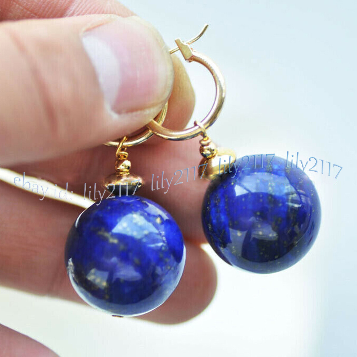 Natural Blue Lapis Lazuli Round Gemstone Beads Dangle Gold Leverback Earrings