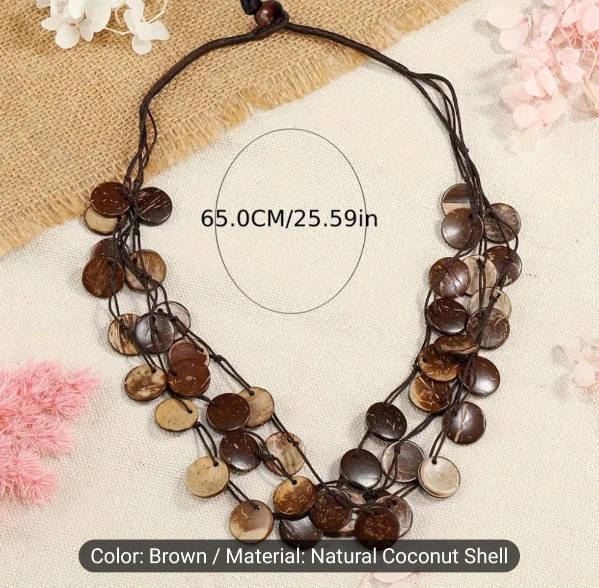 Natural Brown Coconut Shell Multi-Strand Disc Cord Necklace Adjustable 25.59in