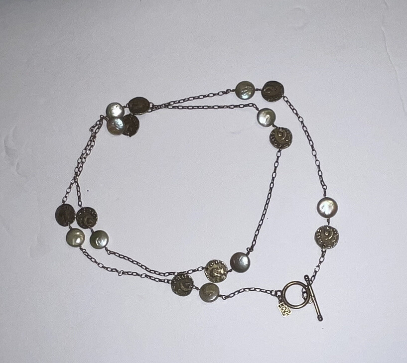 Tat 2 925 Sterling Silver Chain Coin Pearl Necklace Togo 26.3 gr