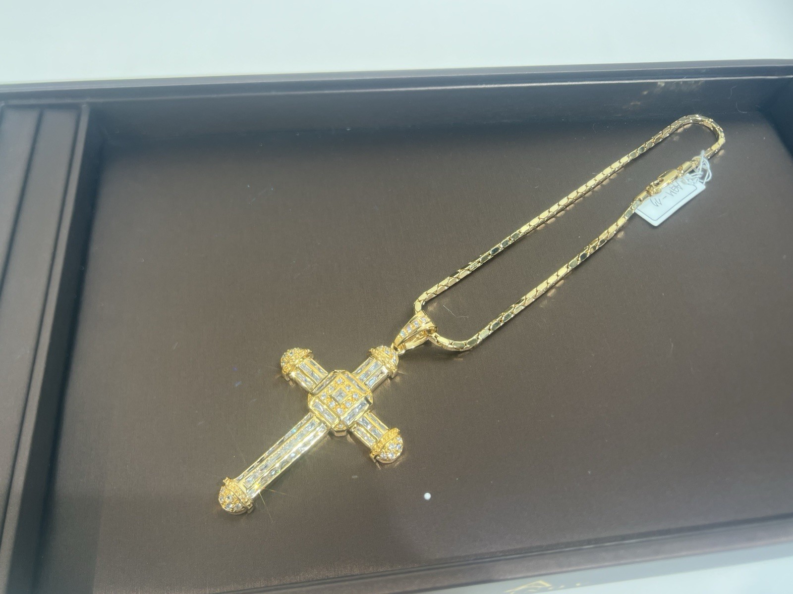 Gold Plated, Cross, Necklace, Baguette, And Round Cd Stones Pendant Unisex