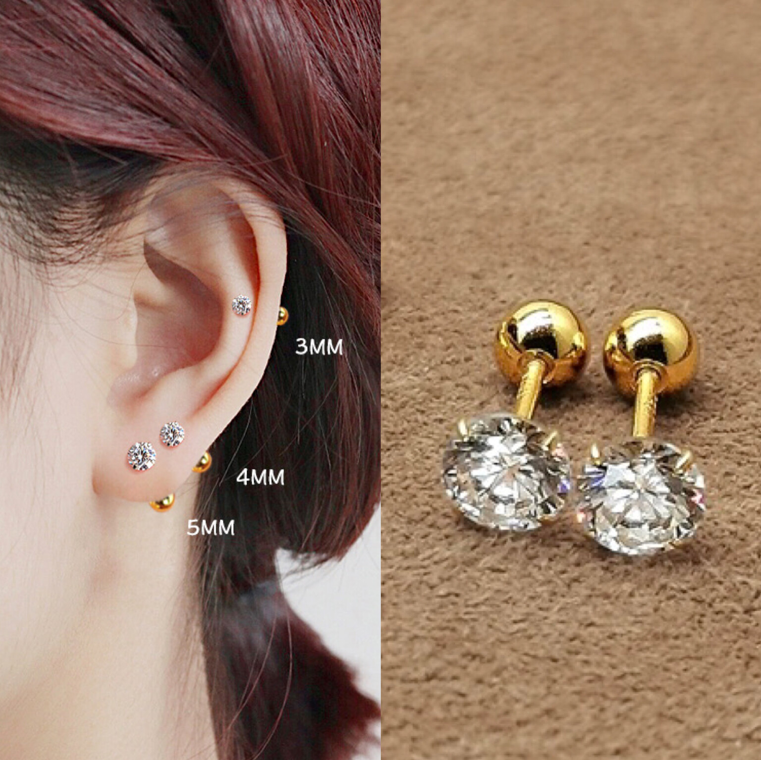 Gold Round CZ Crystal Stud Earrings Screw Back Surgical Steel Ear Stud 2-6mm 2PC