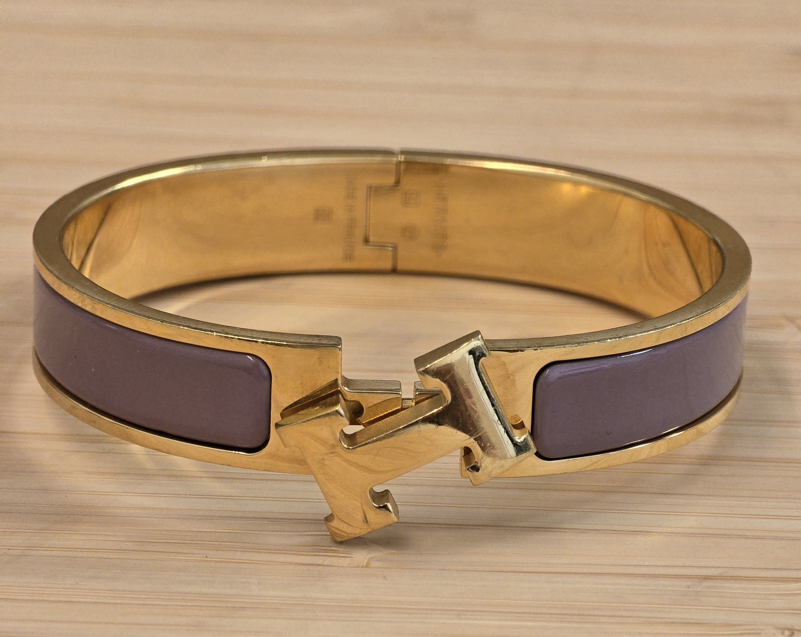 Hermes Clic H Gold-Plated Bangle Bracelet Lavender Enamel Made in France