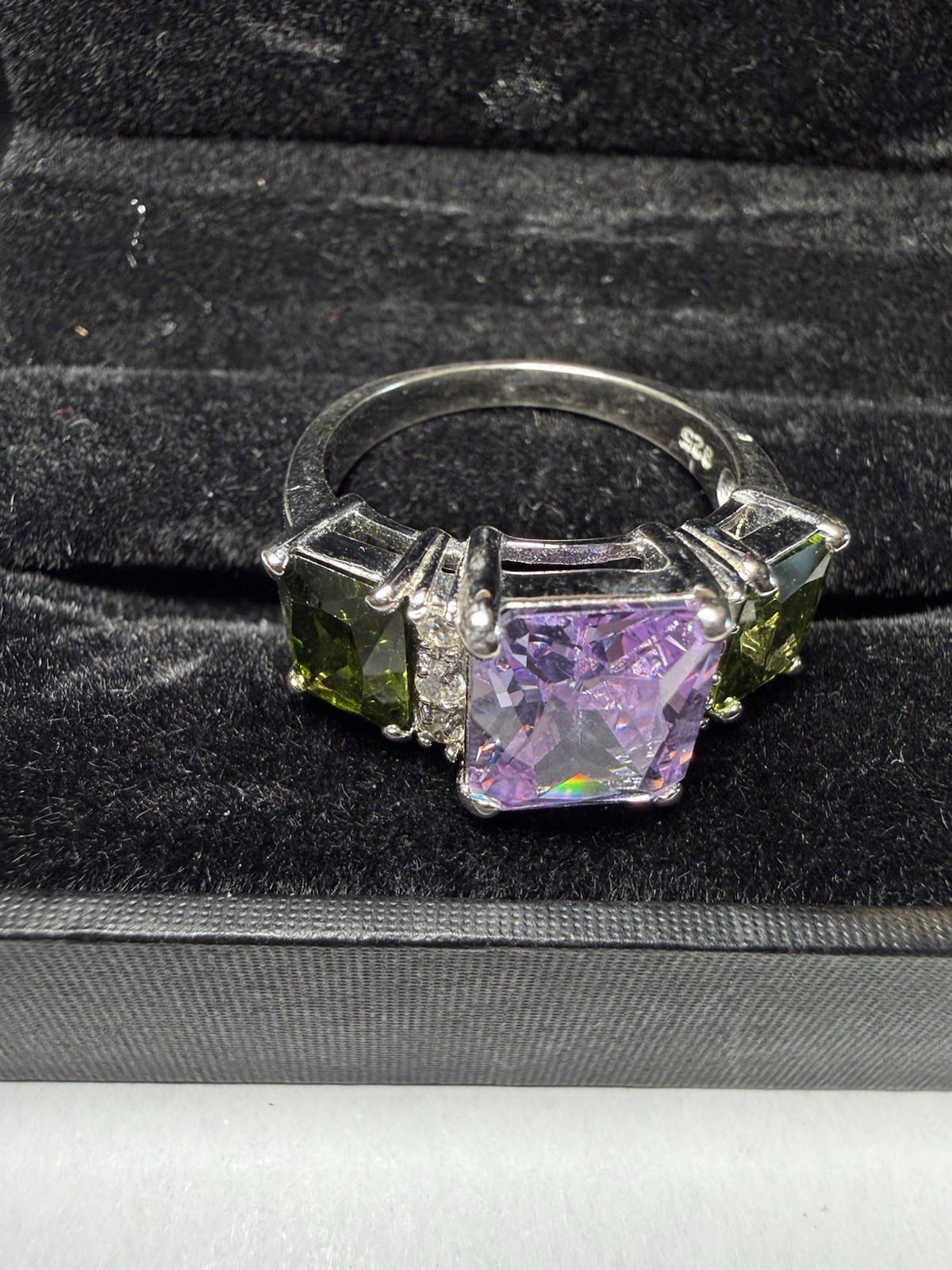 925 Sterling Silver Cocktail Ring Purple Square Center Stone Green Sides Sz 10